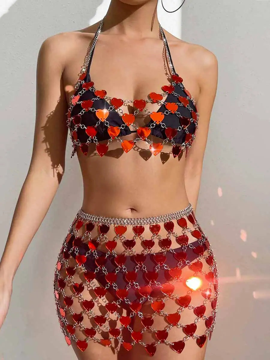 Red Heart Sequin Halter & Mini Skirt