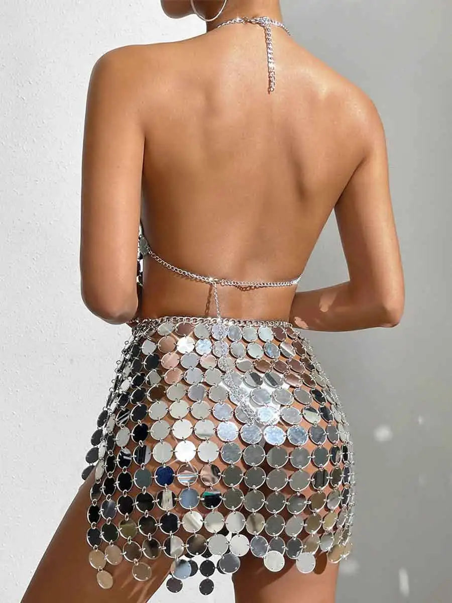 silver disco skirt set