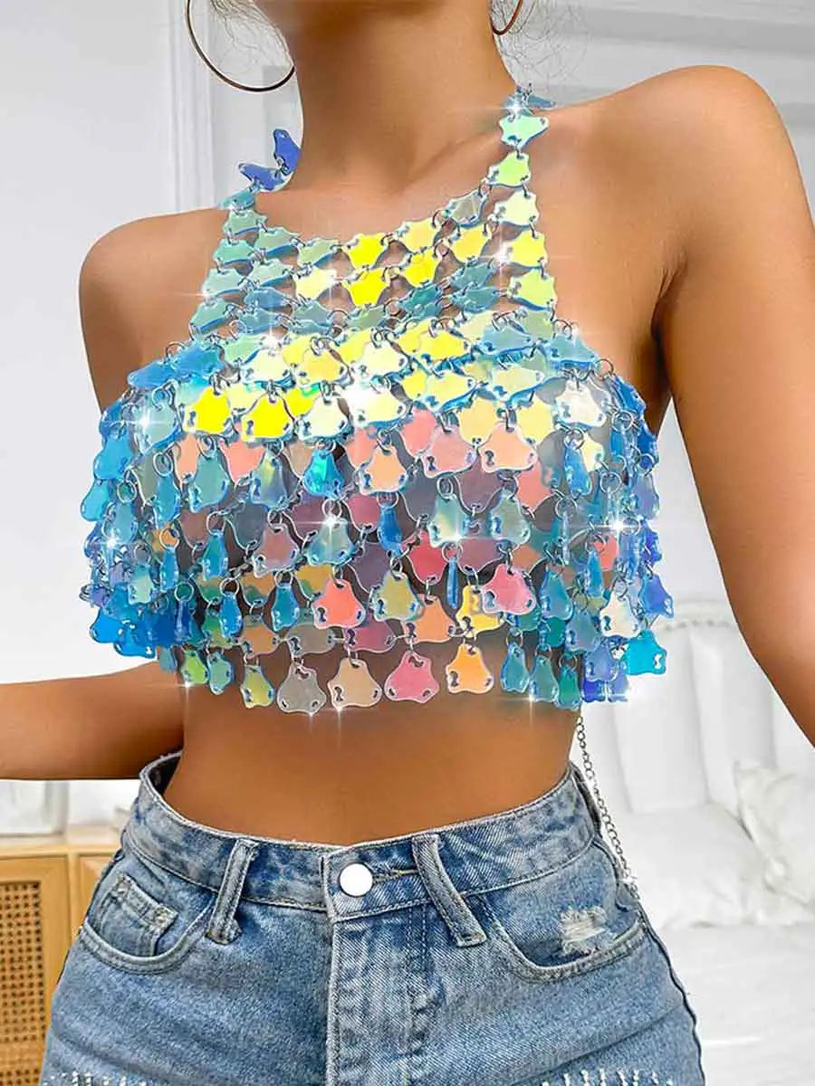 Irregular Shiny Halter Neck Cropped Top