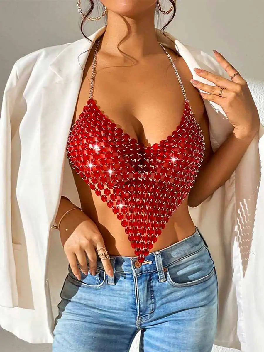 Red Sequin V-Neck Top
