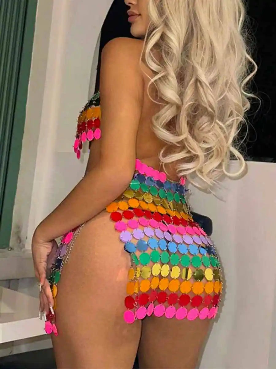 Rainbow Sequin Set - Middle Skirt + Bra Top