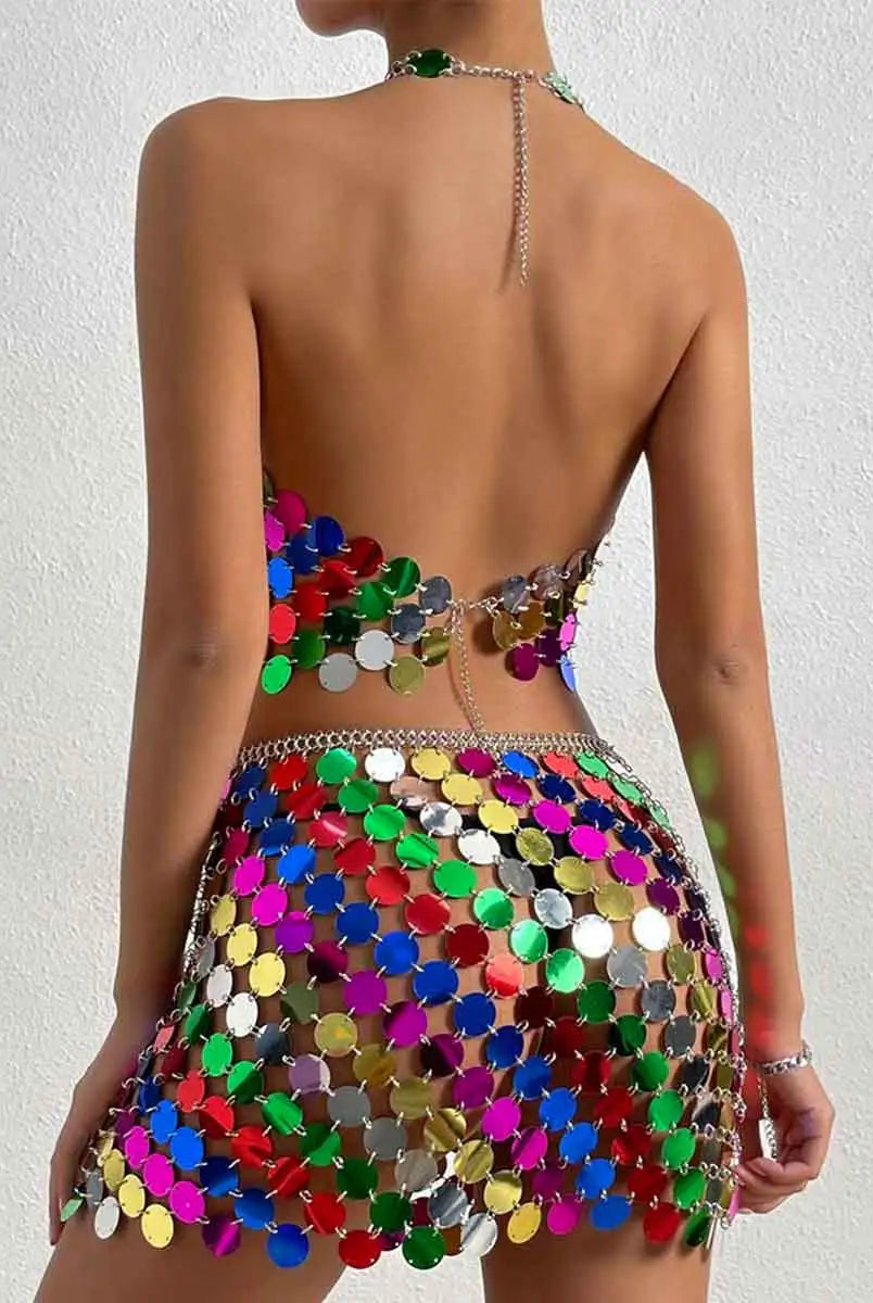 Rainbow Sequin Outfit - Mini Skirt + Disco Bra Top Set