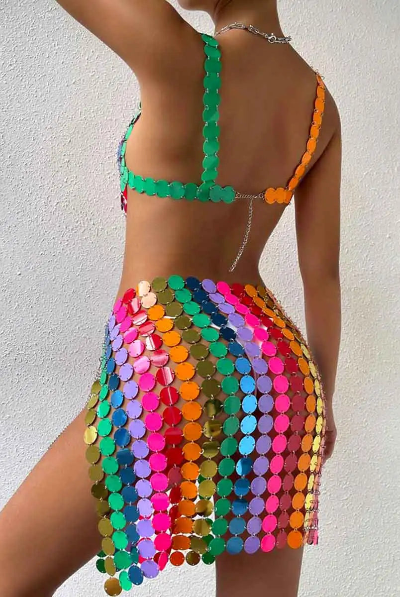 Rainbow Sequin Two Piece Set - Middle Skirt + Bra Top