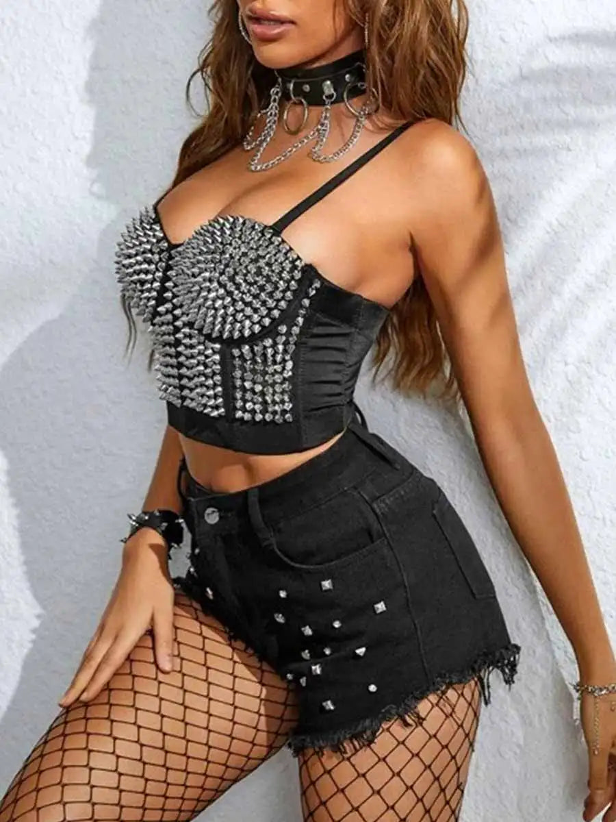 Women's Black Punk Style Rhinestone Corset Bustier Top – Victray Women's Black Punk Style Rhinestone Corset Bustier Top – Victray