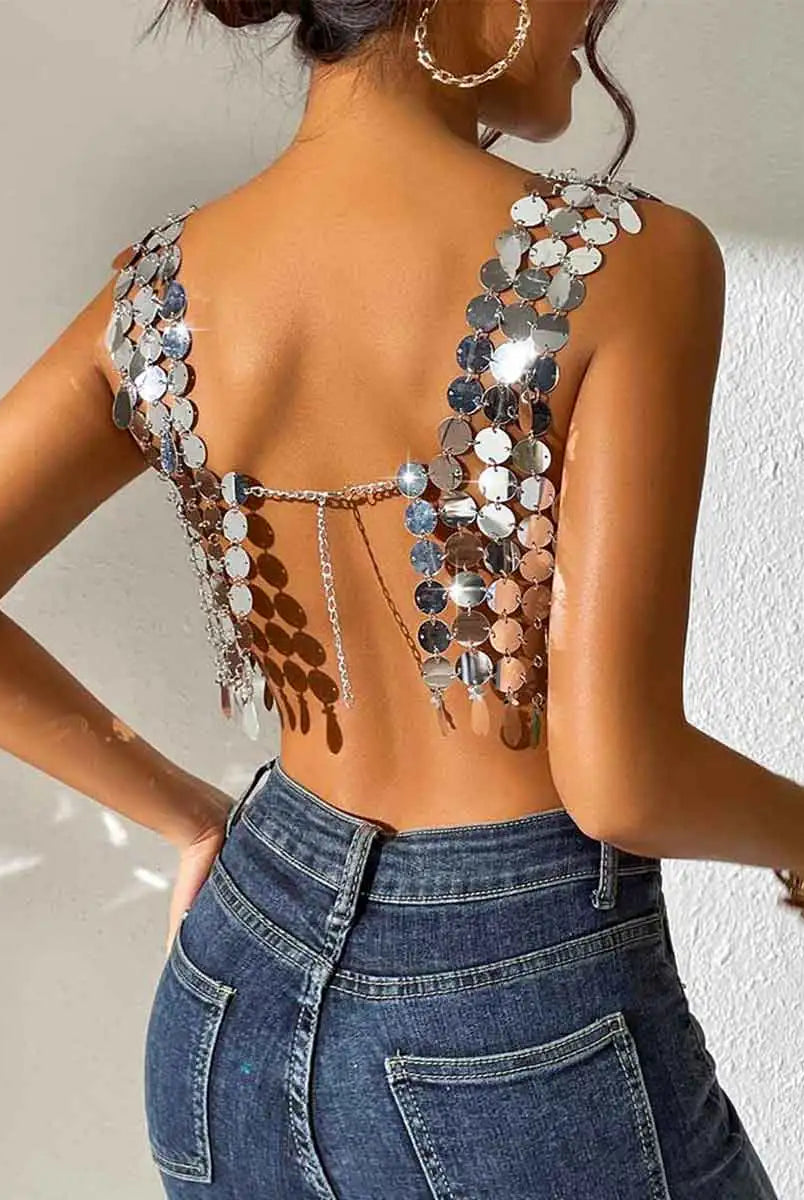 Silver Large Sequin Top – Silver Sequin Bra Strap Top