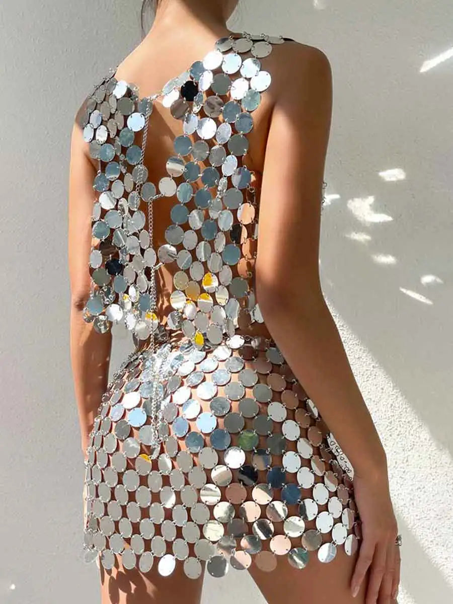 Silver Sequin Matching Set - Middle Skirt + Bra Top