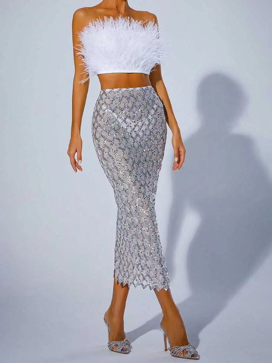 Sequin Mesh Skirt  White Feather Tube Top Suit