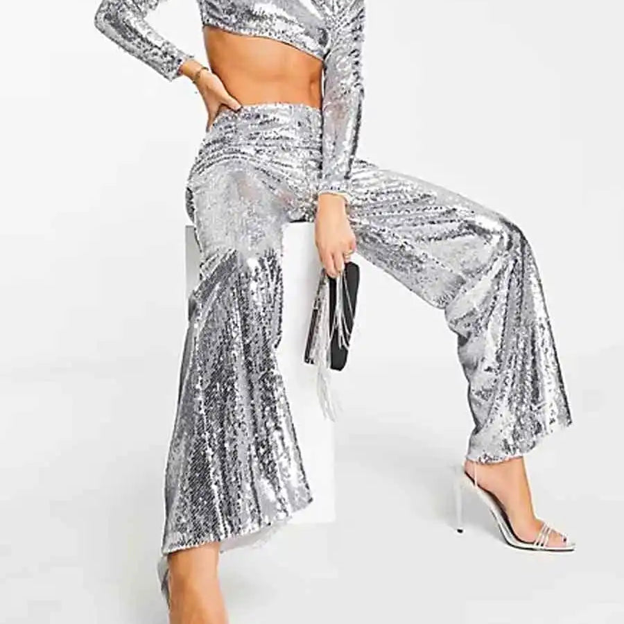 Fashionable Crop Top + Silver Sequin Trousers Suit