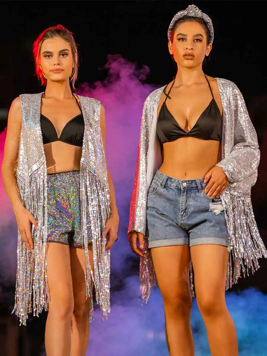 silver sequin tassel tank top