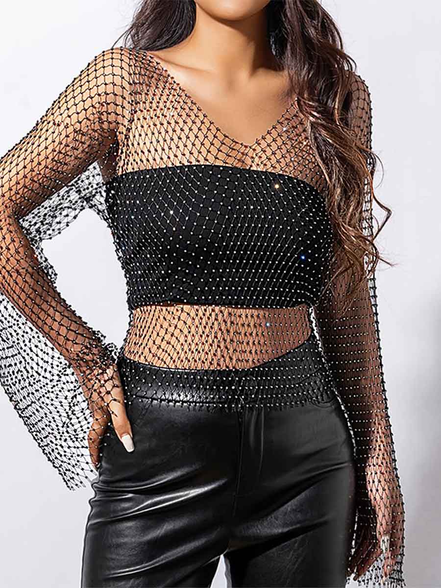 Long Sleeve Rhinestone Mesh Top