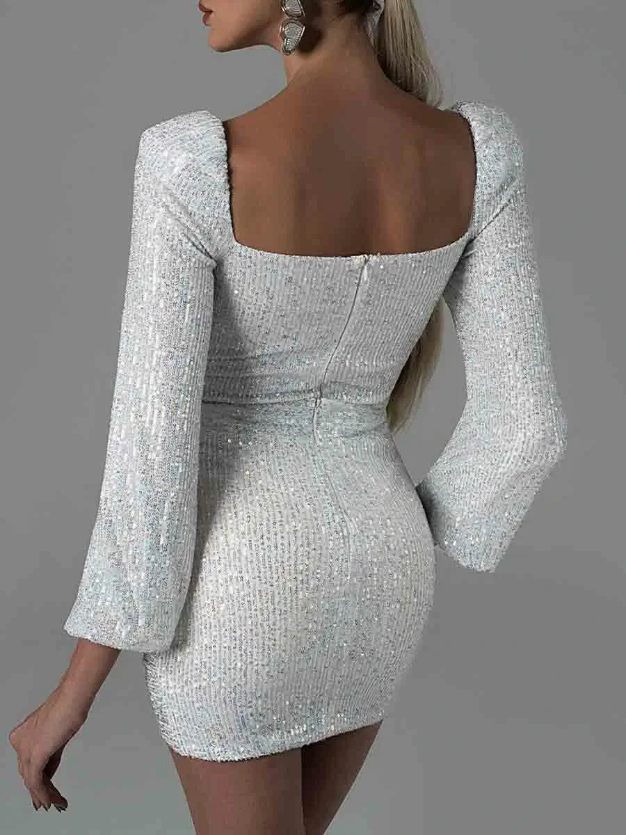 Long Sleeve Silver Sequin Dress