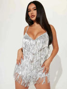 V-neck Strappy Side-zip Mini Silver Fringe Sequin Dress