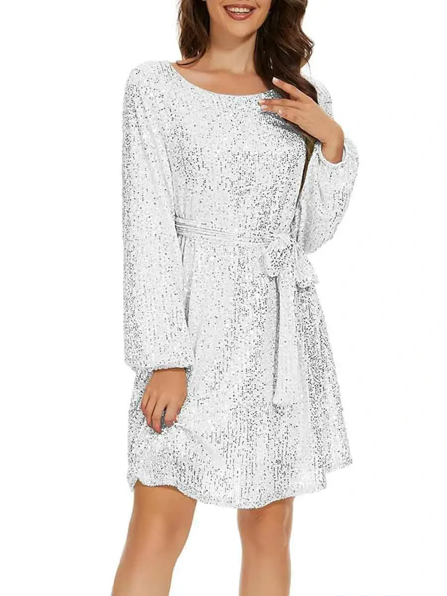 White Sequin Long Sleeve Mini Dress