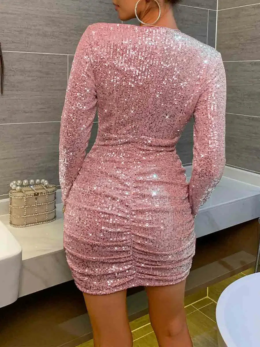 pink bodycon long sleeve glitter dress