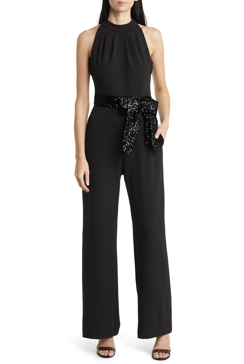 Sleeveless Wide-Leg Black Jumpsuit + Sequin Bow Belt