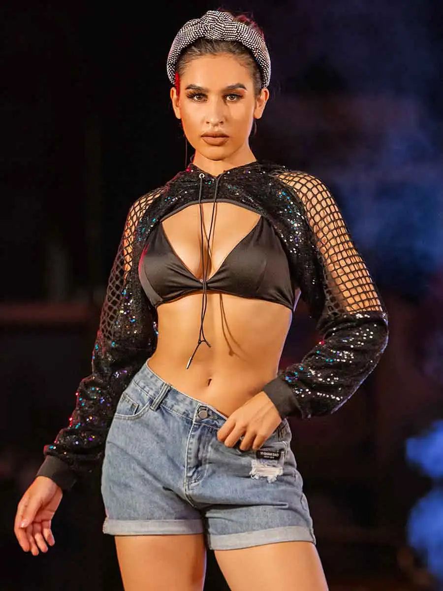 Fashionable Black Mesh Sequin Shirt