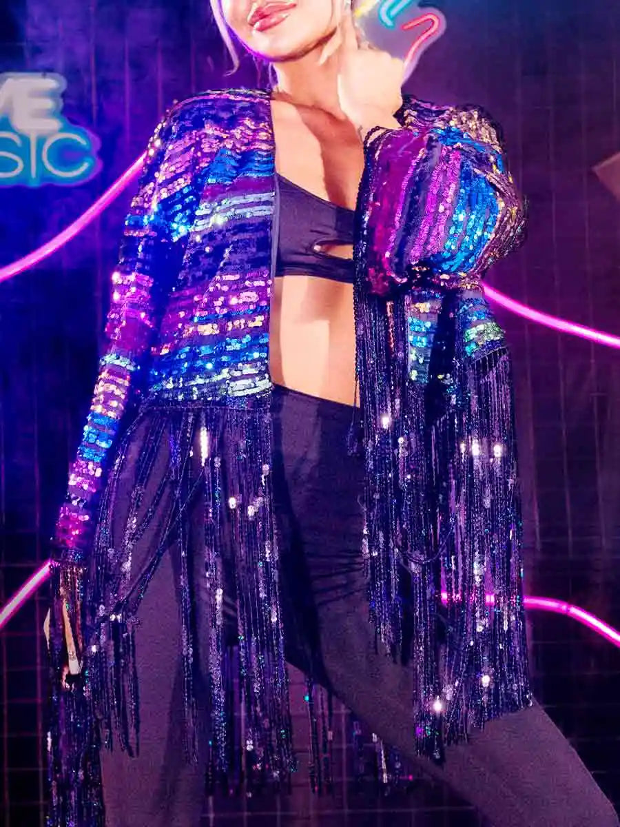 New Long Sleeve Colorful Sequin Tassel Jacket Top