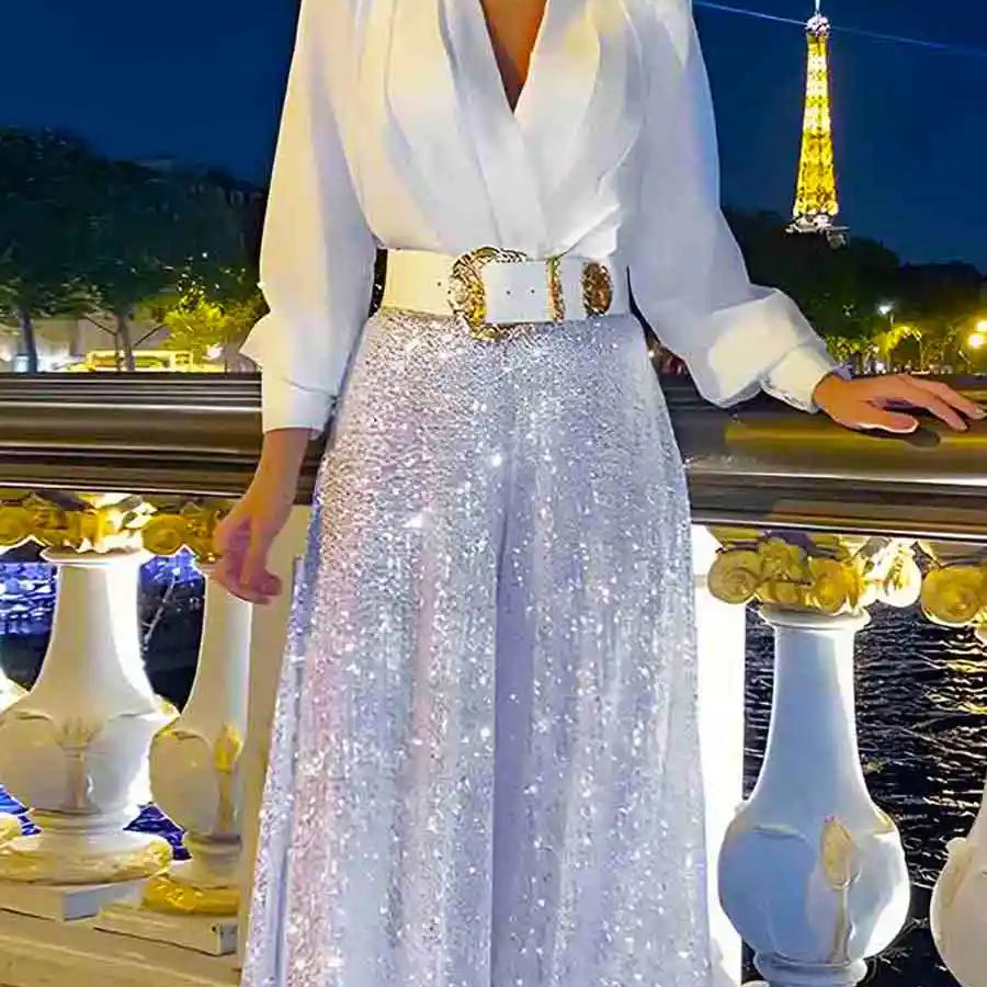 Sparkly Sequin Jumpsuit - Black & White & Gold Victray Sparkly Sequin Jumpsuit - Black & White & Gold Victray