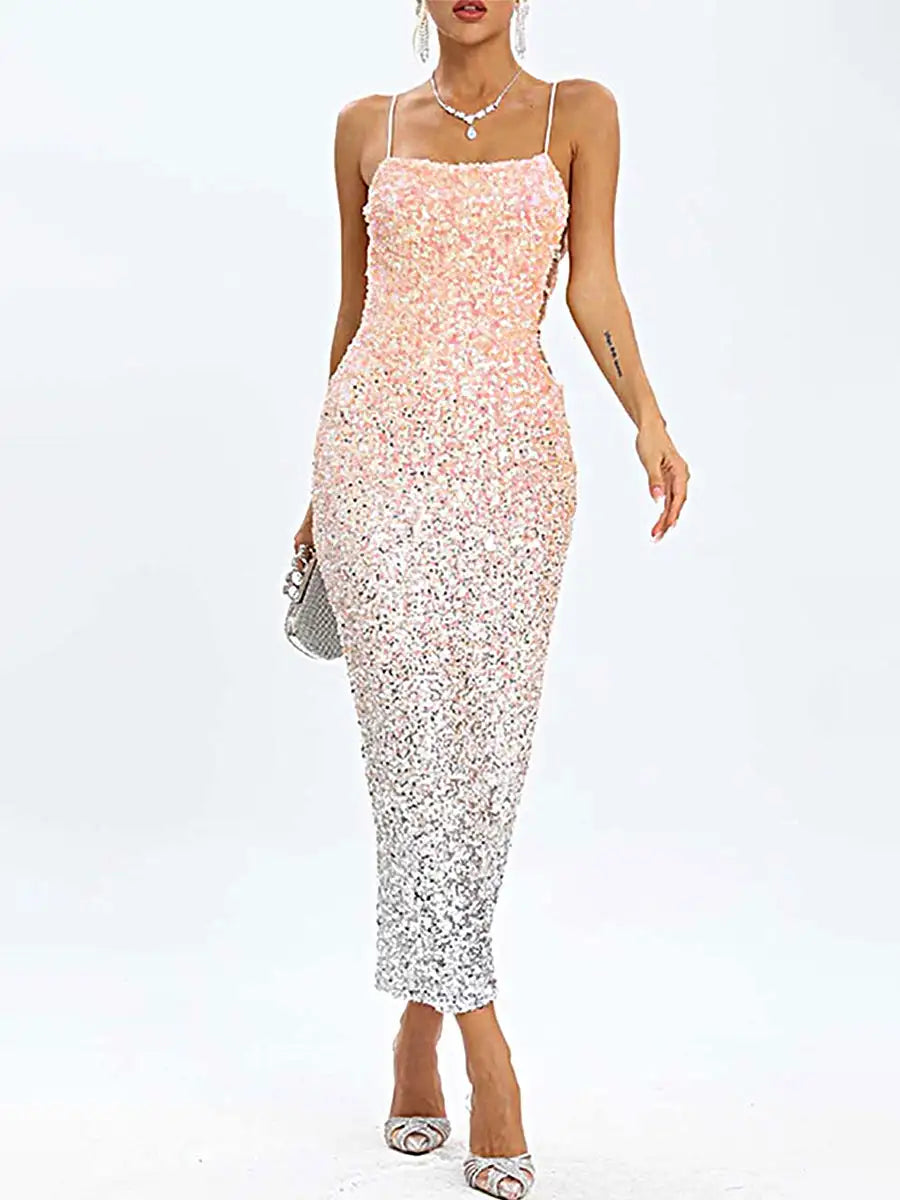 Ombre Pink Sequin Midi Dress