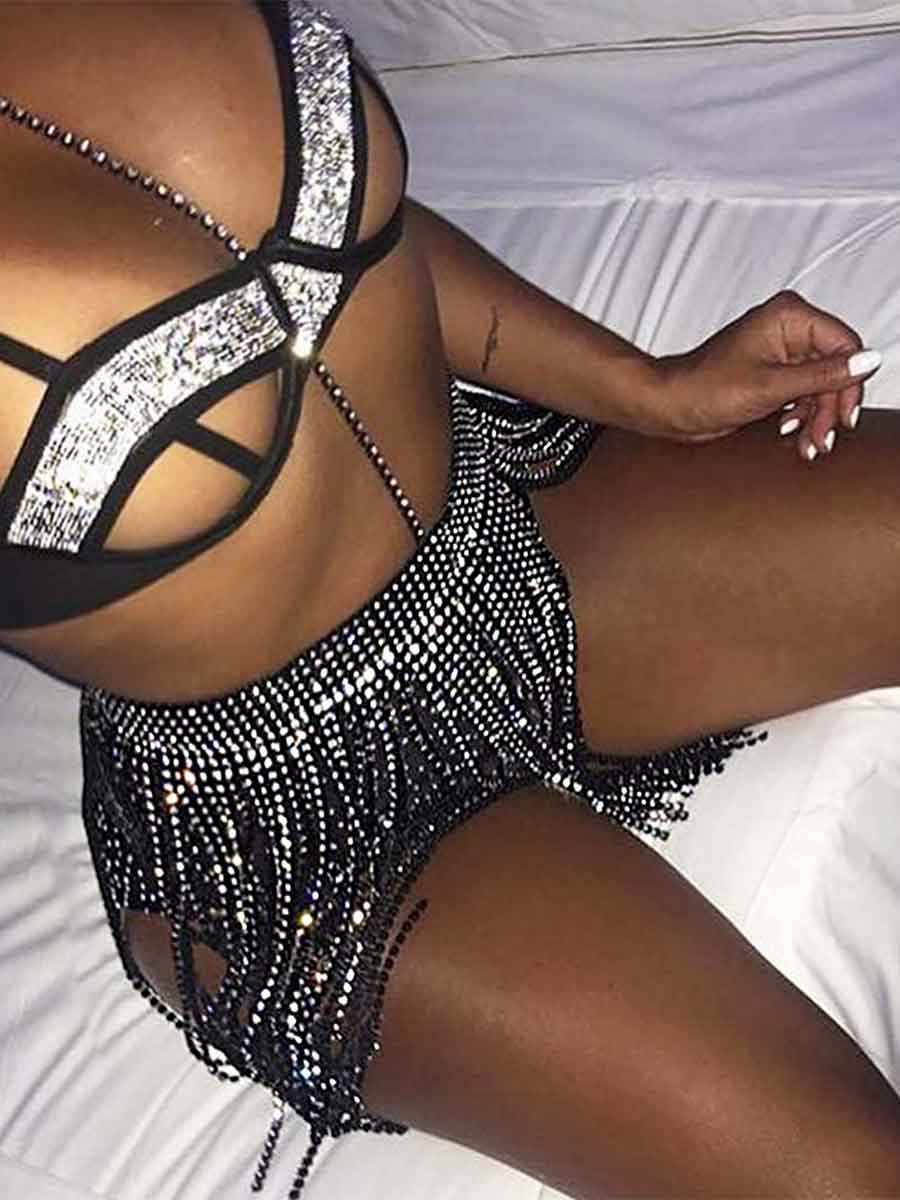 Shiny Wrap Belt Skirt - Black Rhinestone Fringe Skirt