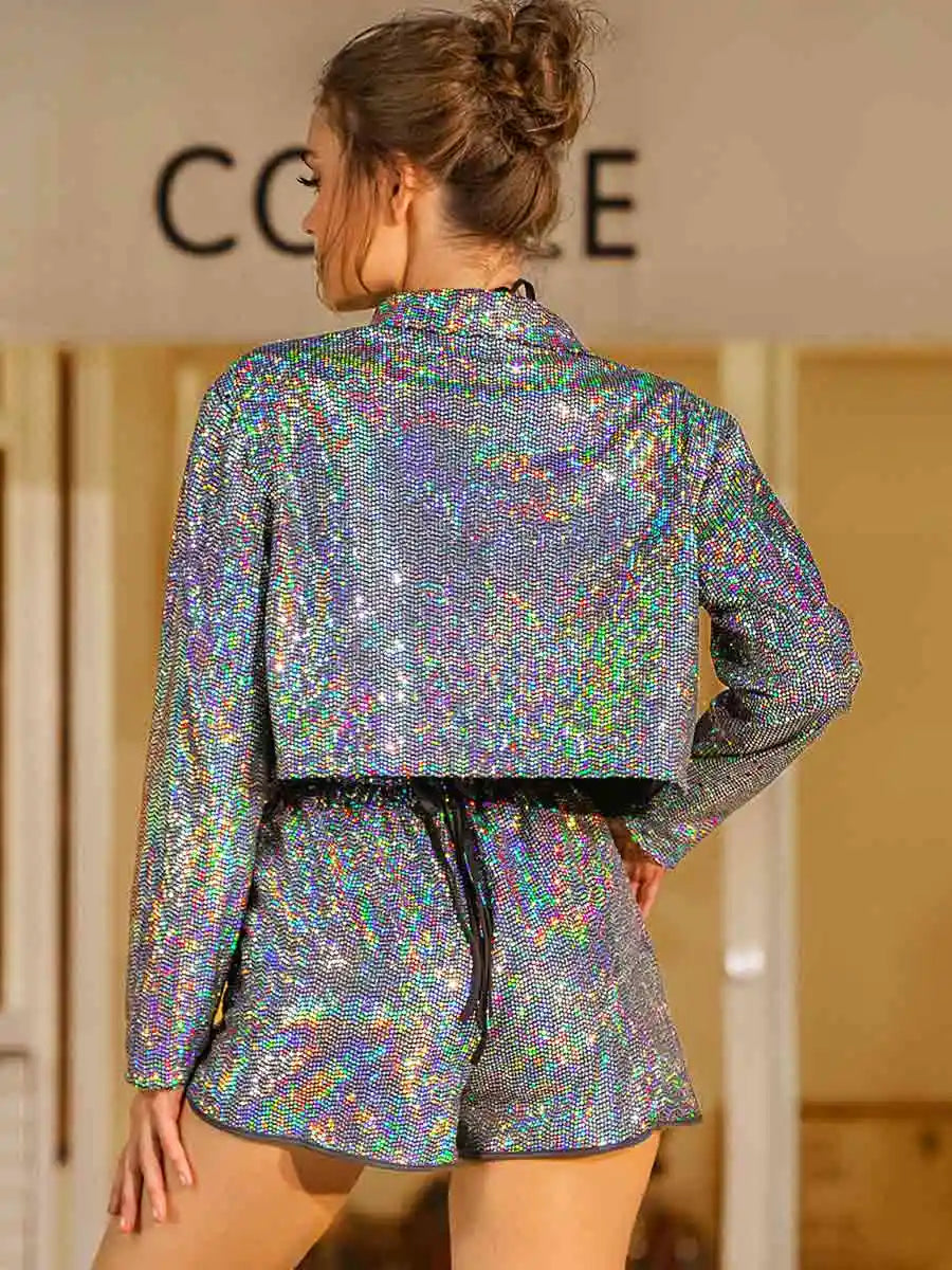 silver sequin short set