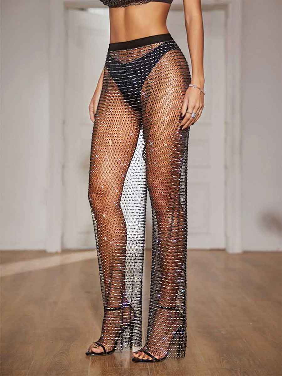 Transparent Loose Black Rhinestone Fishnet Pants