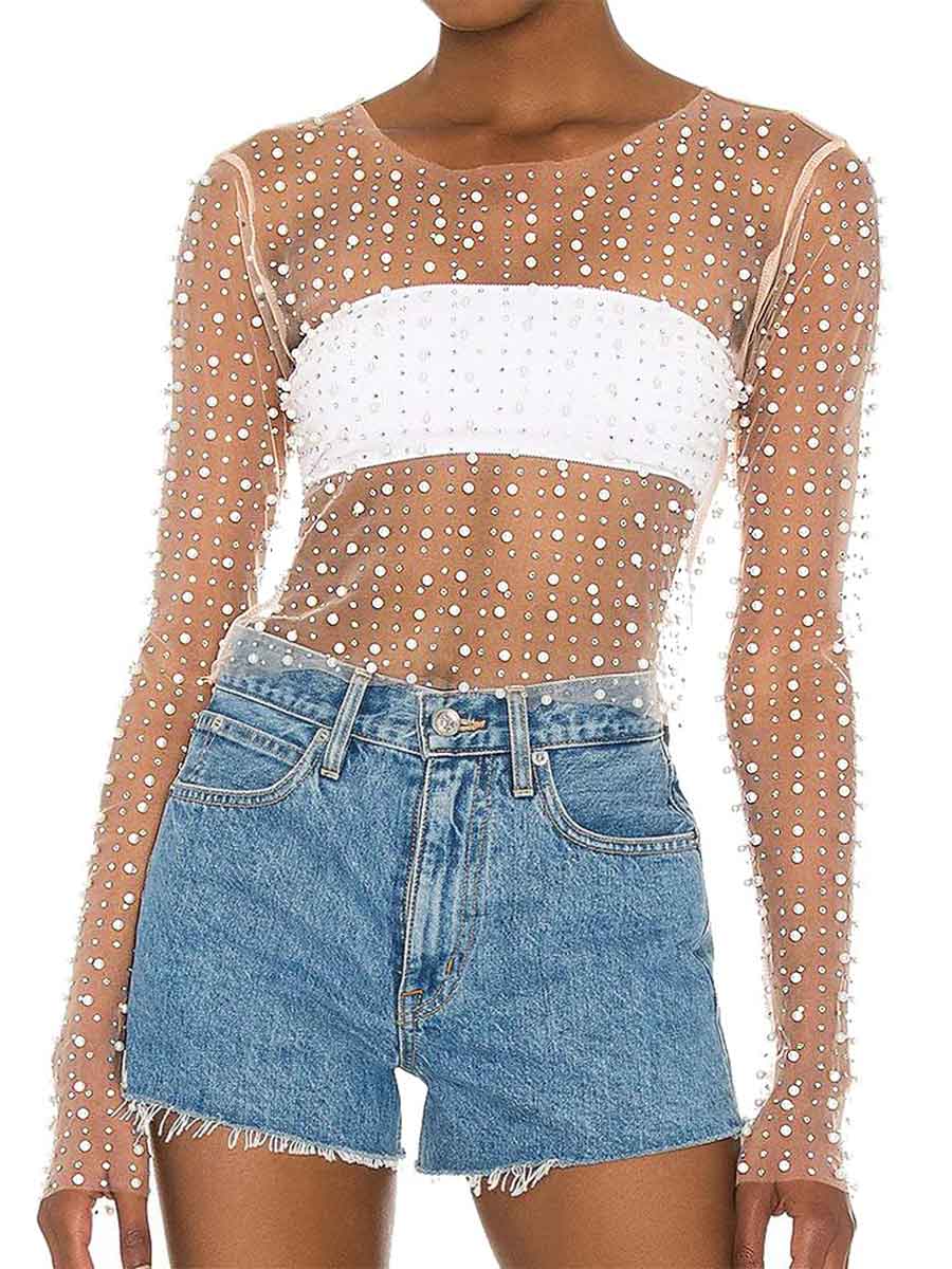 Round Neck Long Sleeve Pearl Mesh Sheer Rhinestone Shirt
