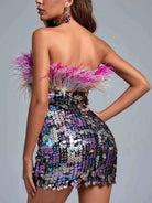 Sequin Feather Mini Dress – A-Line Sparkly Colorful Dress