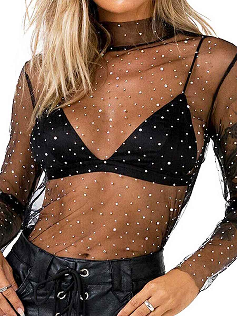 Long Sleeve High Neck Mesh Sheer Black Rhinestone T Shirt