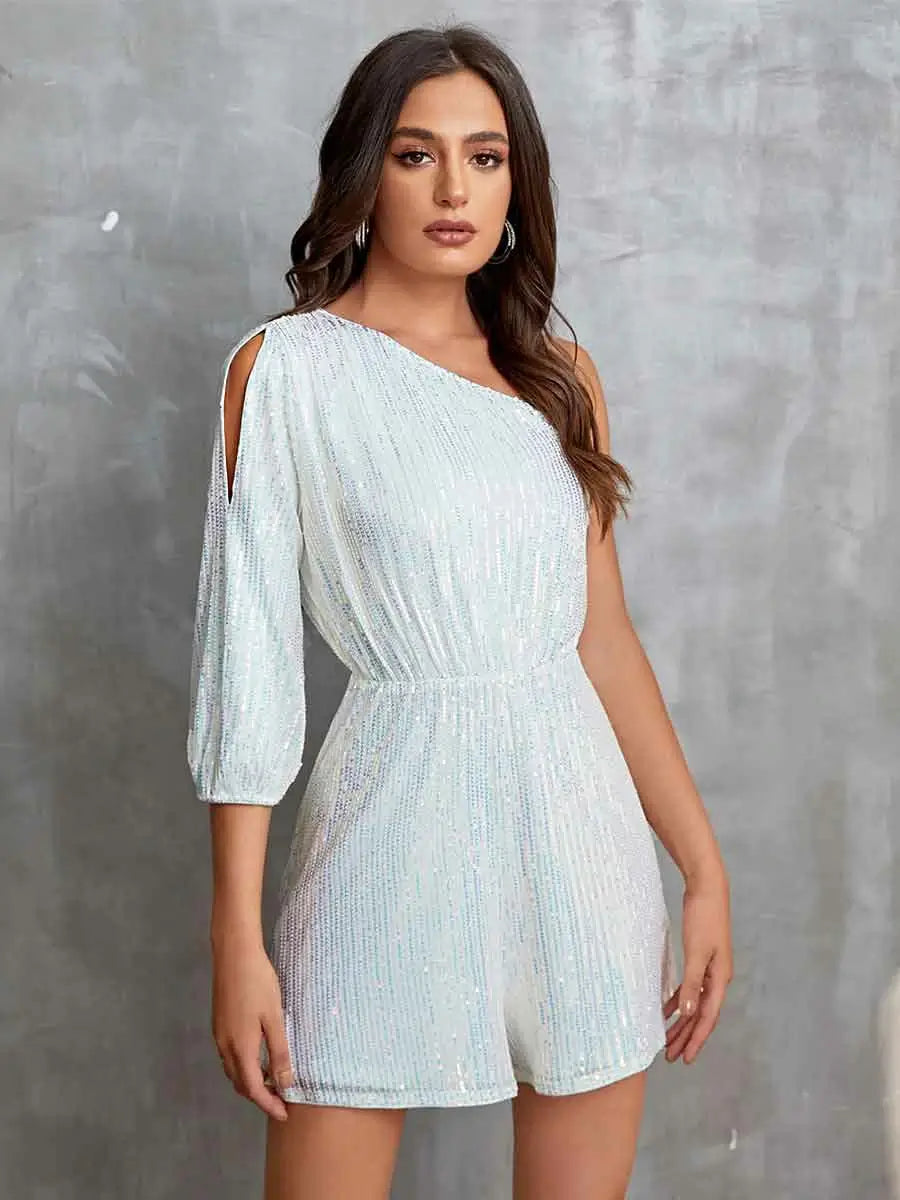 Mid-length Sleeve White One Shoulder Sparkly Jumpsuit