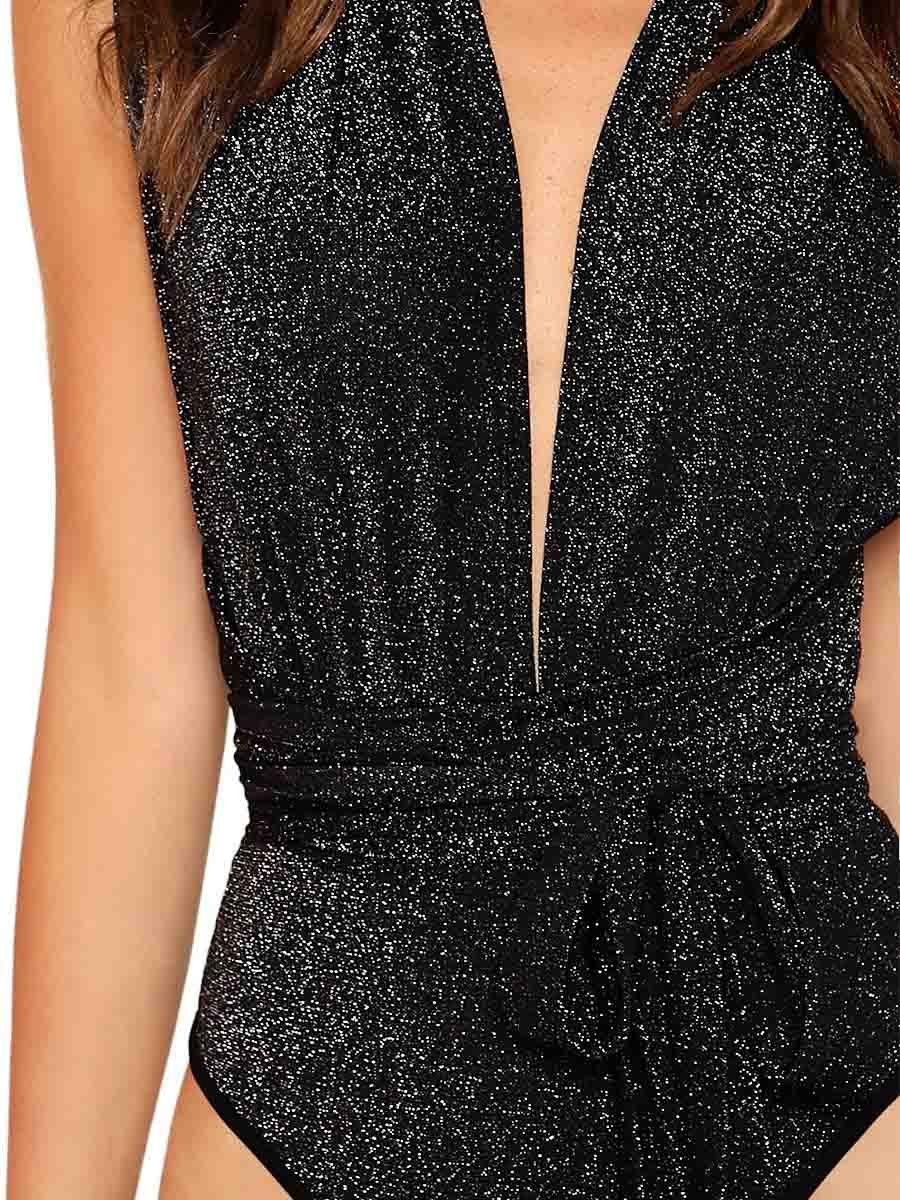 Sleeveless Deep V-Neck Cross Back Sequin Black Bodysuit