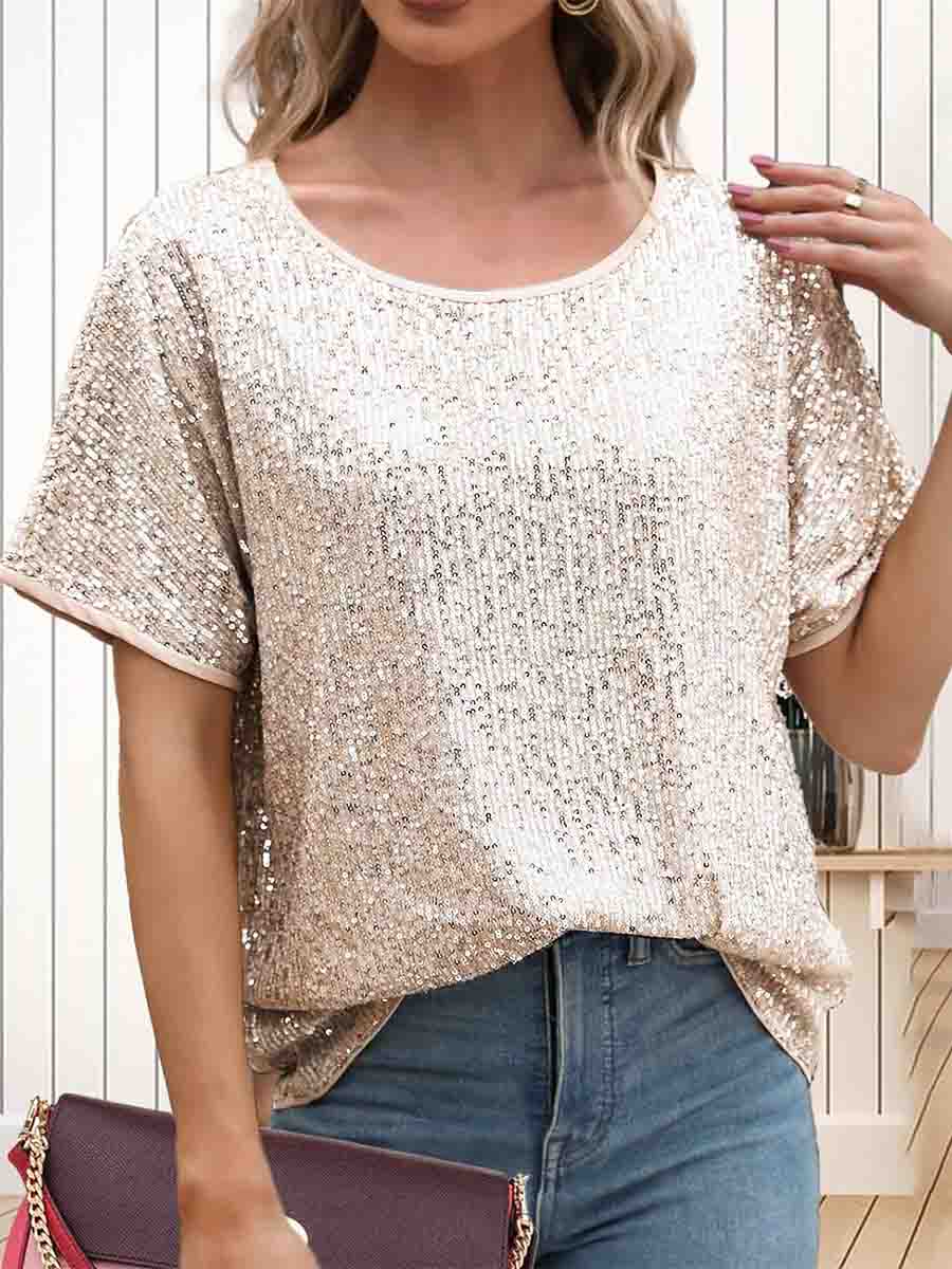 Spring And Summer Loose Round Neck Gold Glitter Shirt