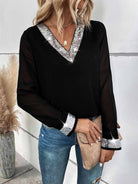 Black chiffon V-neck mesh long sleeve sequin shirt