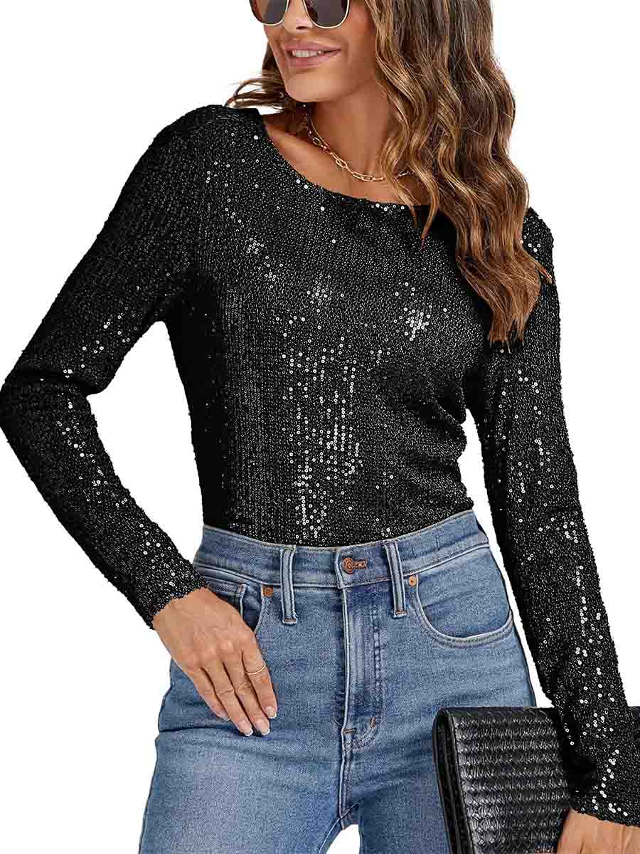 Draped Cowl Crew Neck Long Sleeve Black Sequin Bodysuit