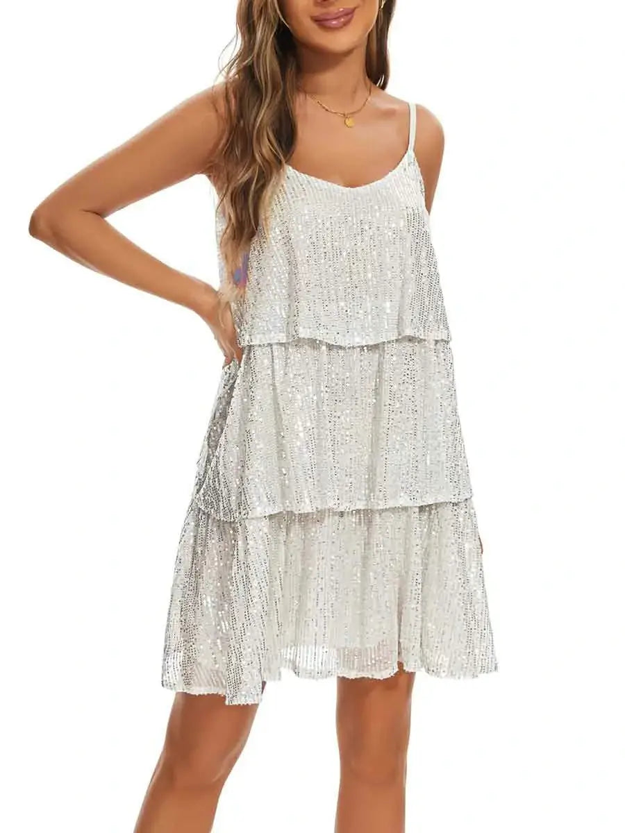 white sequin slip dress