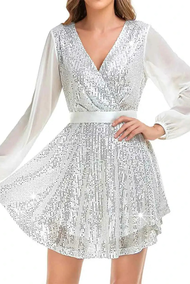 V-neck long-sleeve belted sequin white cocktail dress