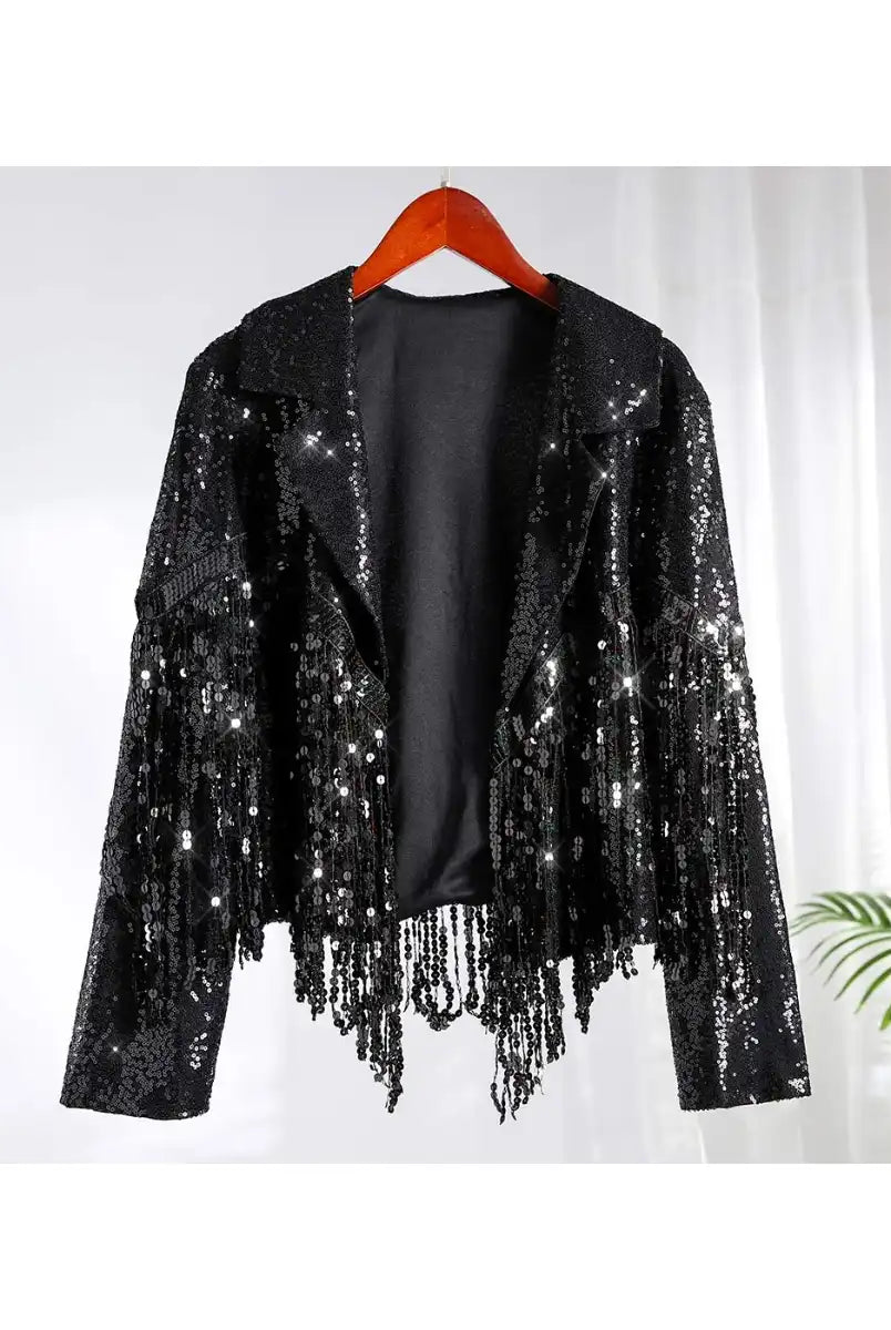 Black Sparkly Fringe Jacket - Elegantly Sequin Lapel Jacket