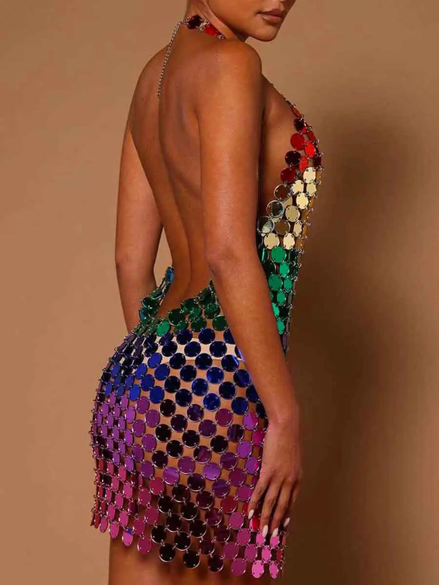 Multicolor Sequin Dress - Iridescent V-Neck Sparkly Dress