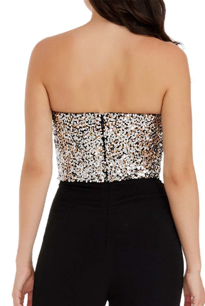 Bodice Strapless Black And Silver Sequin Jumpsuit