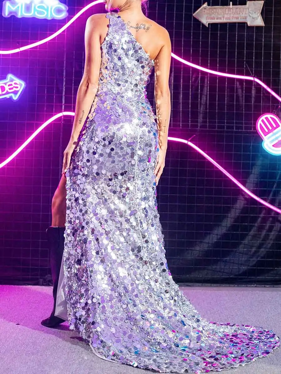 Silver Sequin Prom Dress - One shoulder sparkly dress