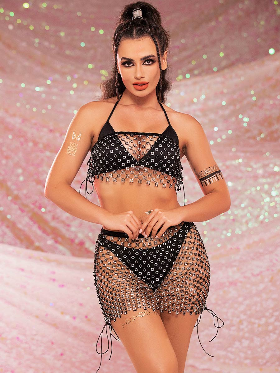 Black Mesh Rhinestone Suit - Tube Top + Mini Skirt