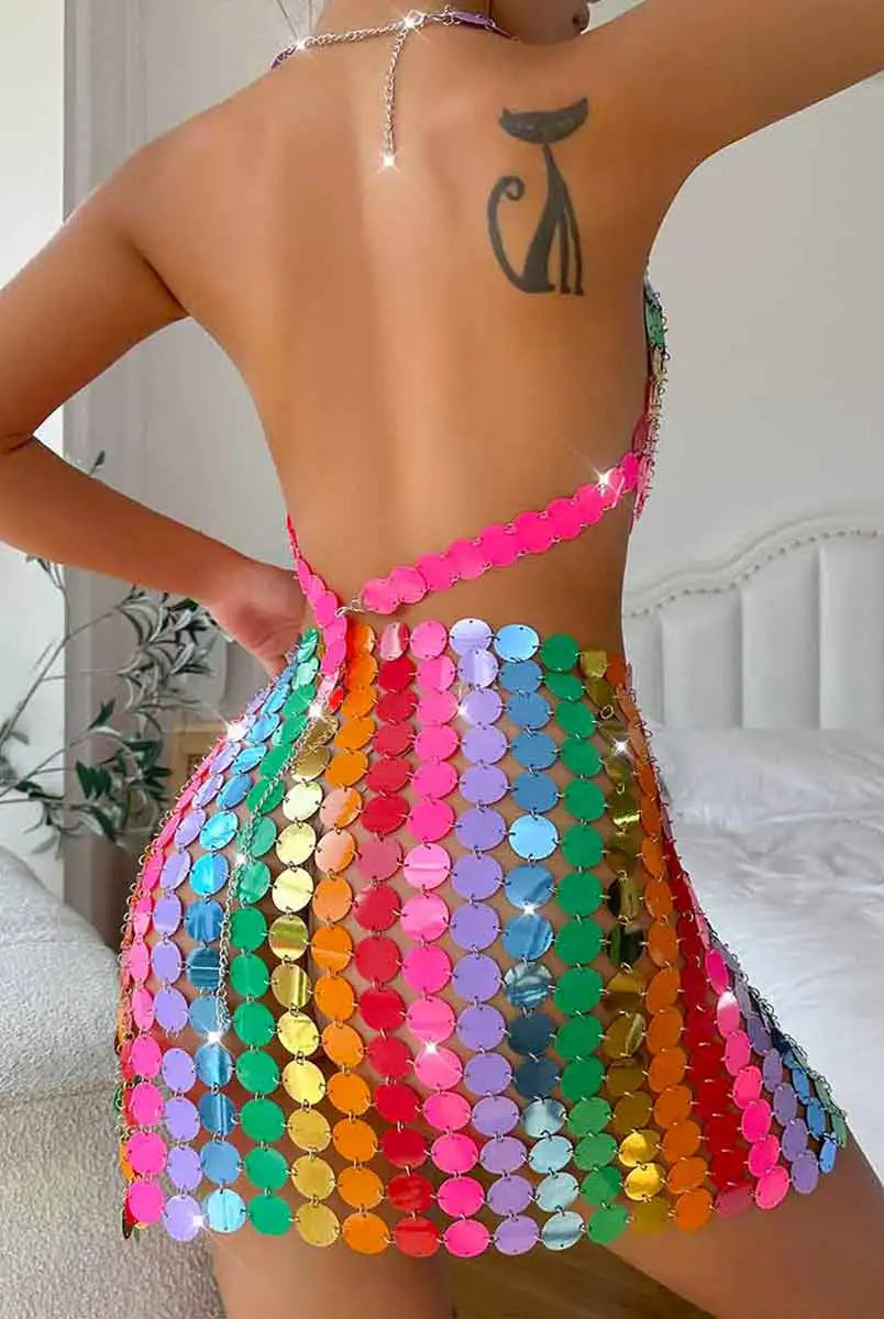 Rainbow Sequin Bra + Side Slit Rainbow Sequin Skirt
