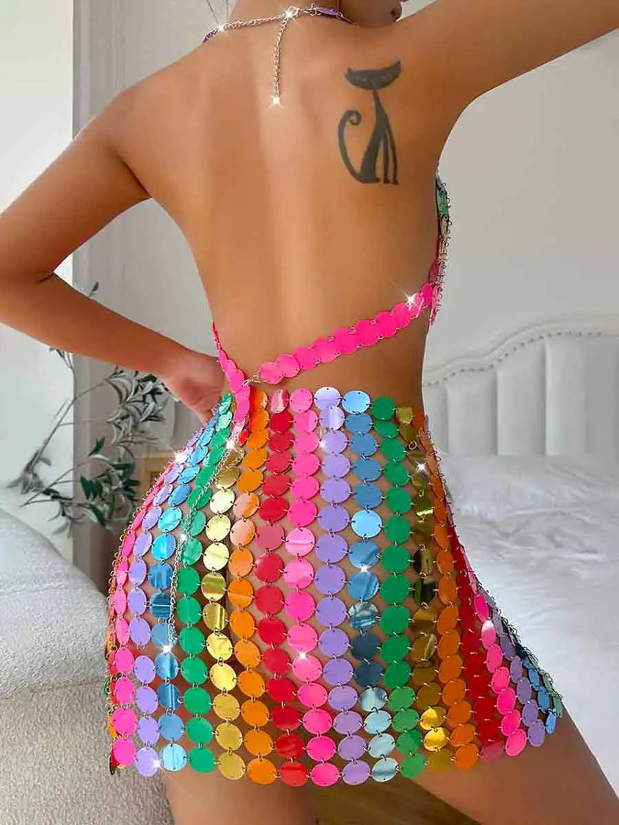 Rainbow Sequin Bra + Side Slit Rainbow Sequin Skirt
