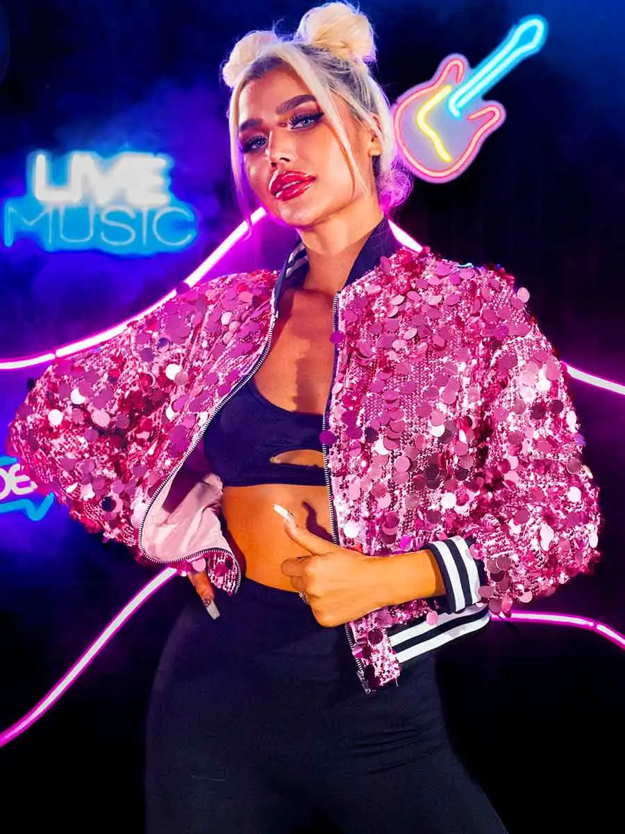Trendy Pink Sequin Jacket