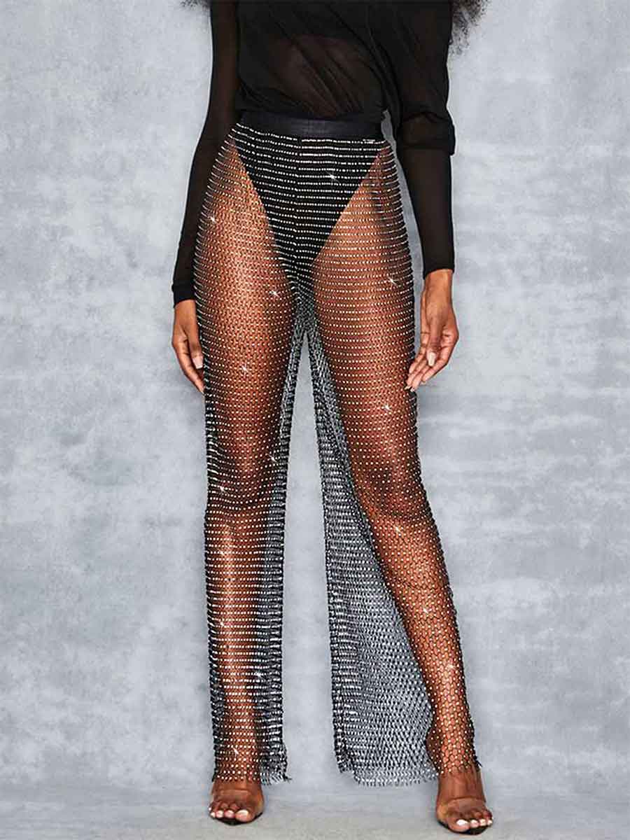 Black Rhinestone Fishnet Pants High Waist Loose Pantsuit Victray