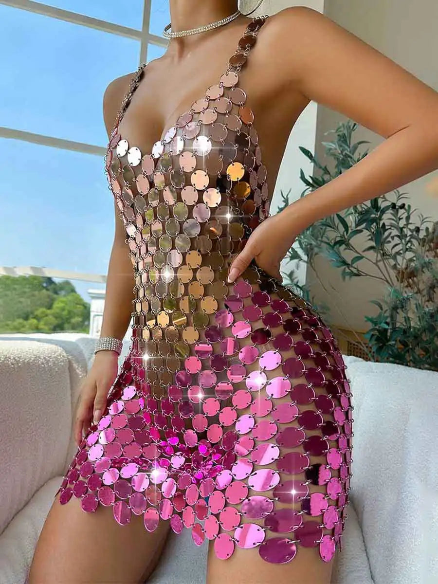 Pink Chainmail Dress - Ombre Strap Backless Dress