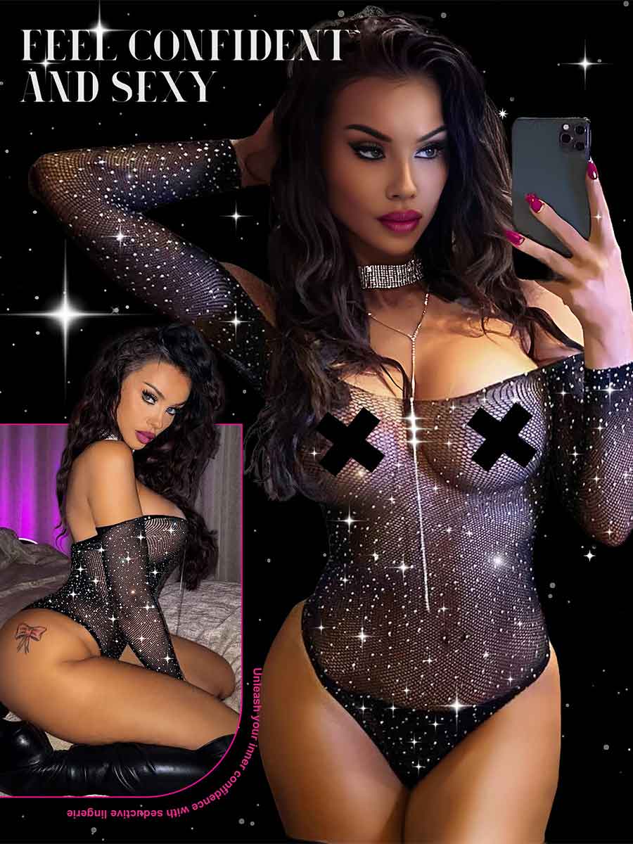 Black Off-Shoulder Rhinestone Bodysuit