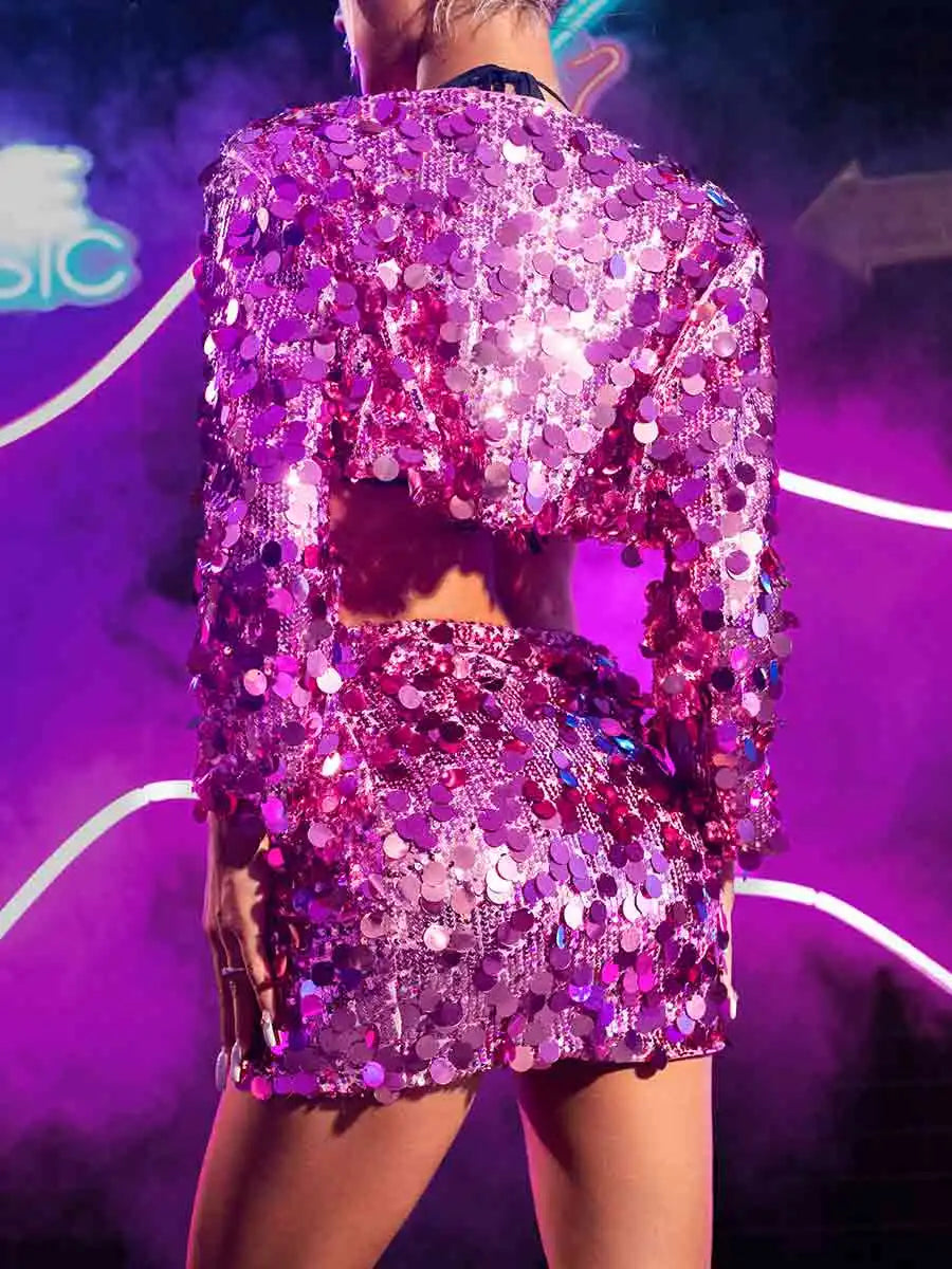 Pink Sparkly Two Piece Set - Short Jacket & Sequin Skirt