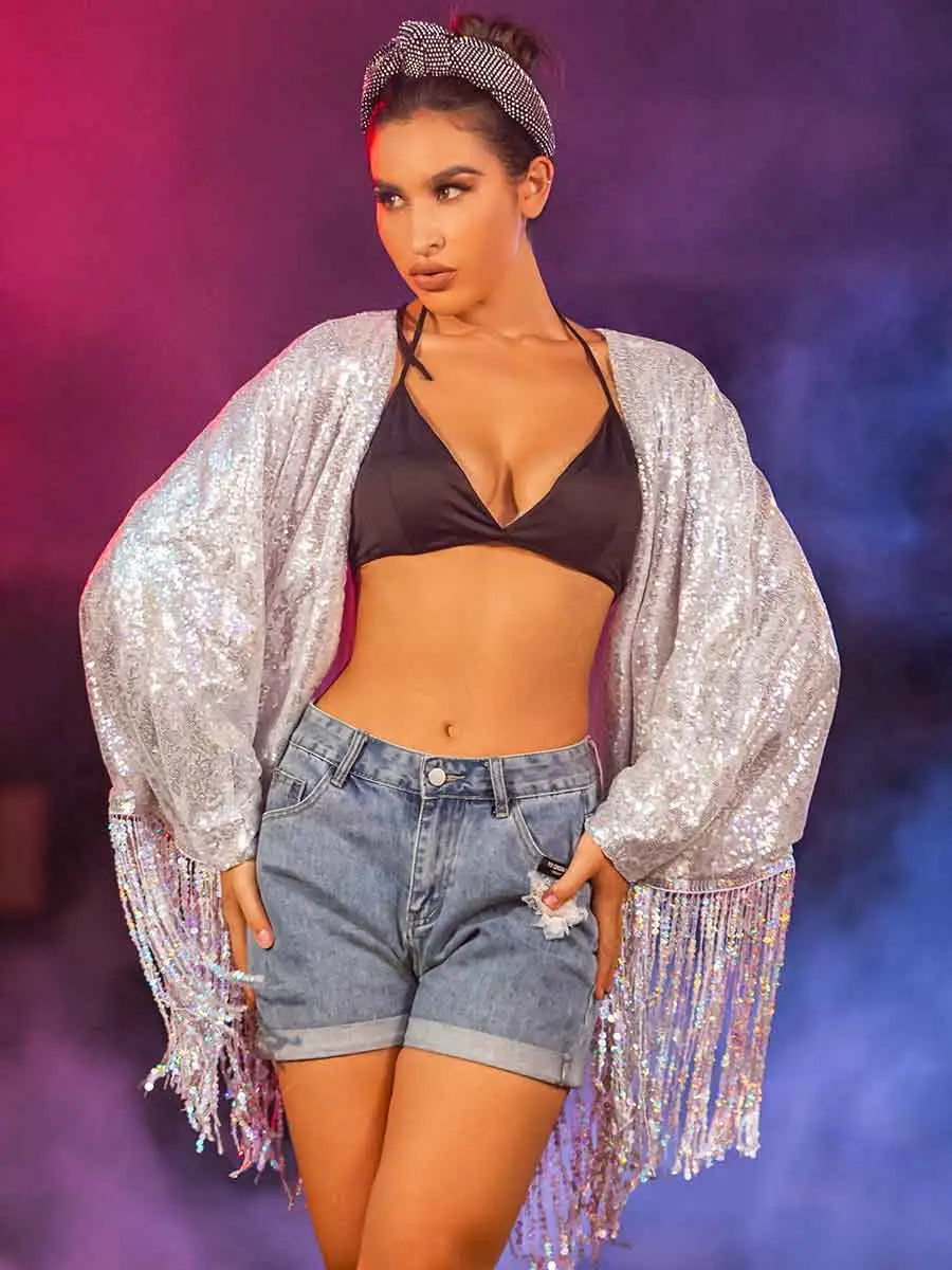 Silver Sequin Fringe Cardigan