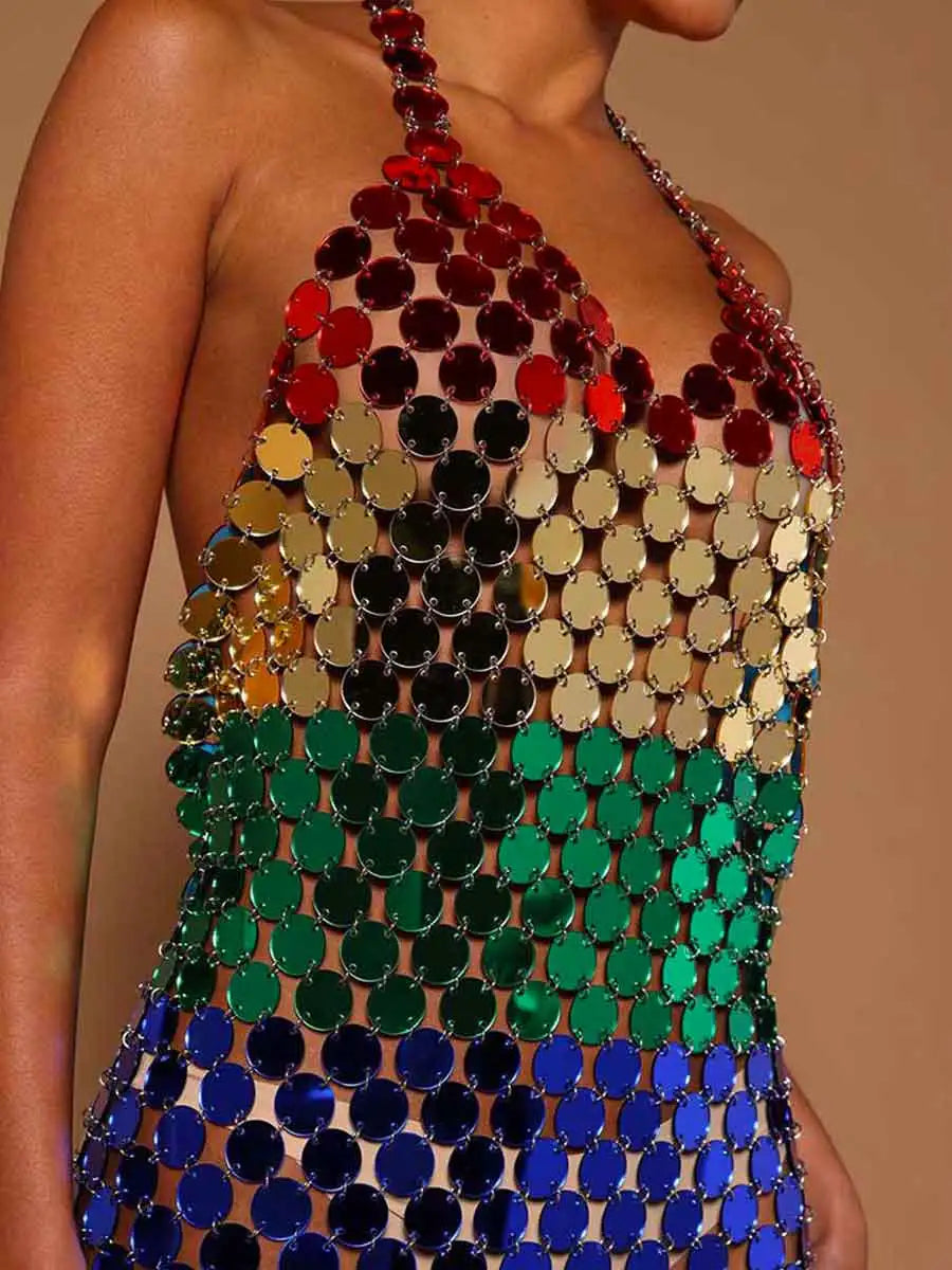 Multicolor Sequin V-Neck Dress